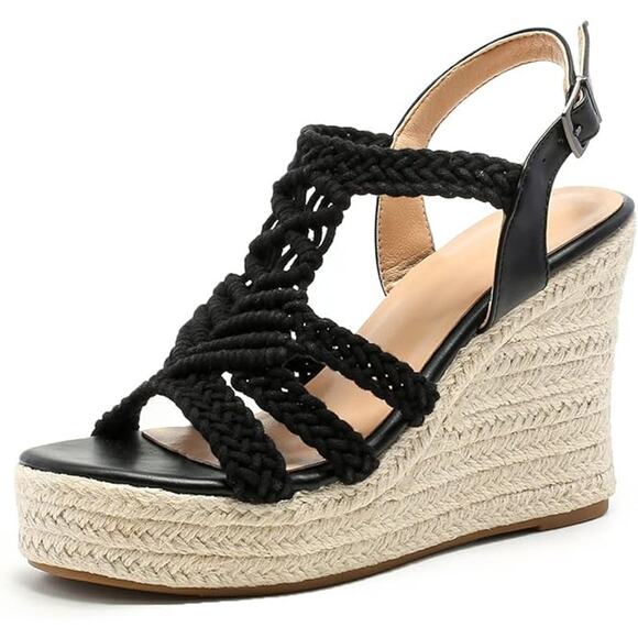 Sopends Shoes - Sopends Womens Size 7 Black Crochet Espadrille 4" Wedge Open Toe Sandals Shoes